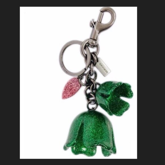 Coach Glitter Resin Tea Rose Bag Charm Keychain Green Pink F58514 - Picture 1 of 5